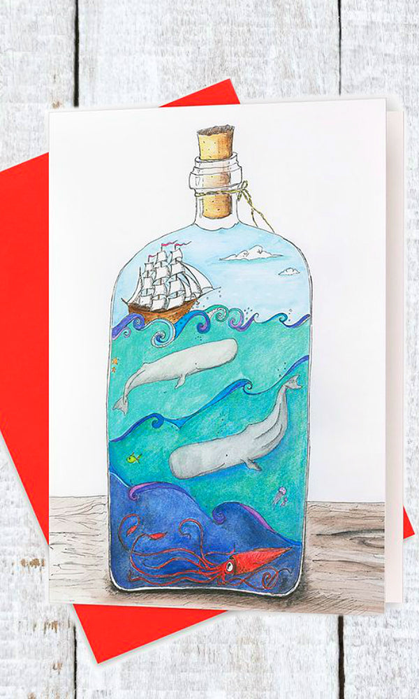deep blue sea ocean in a bottle greeting card